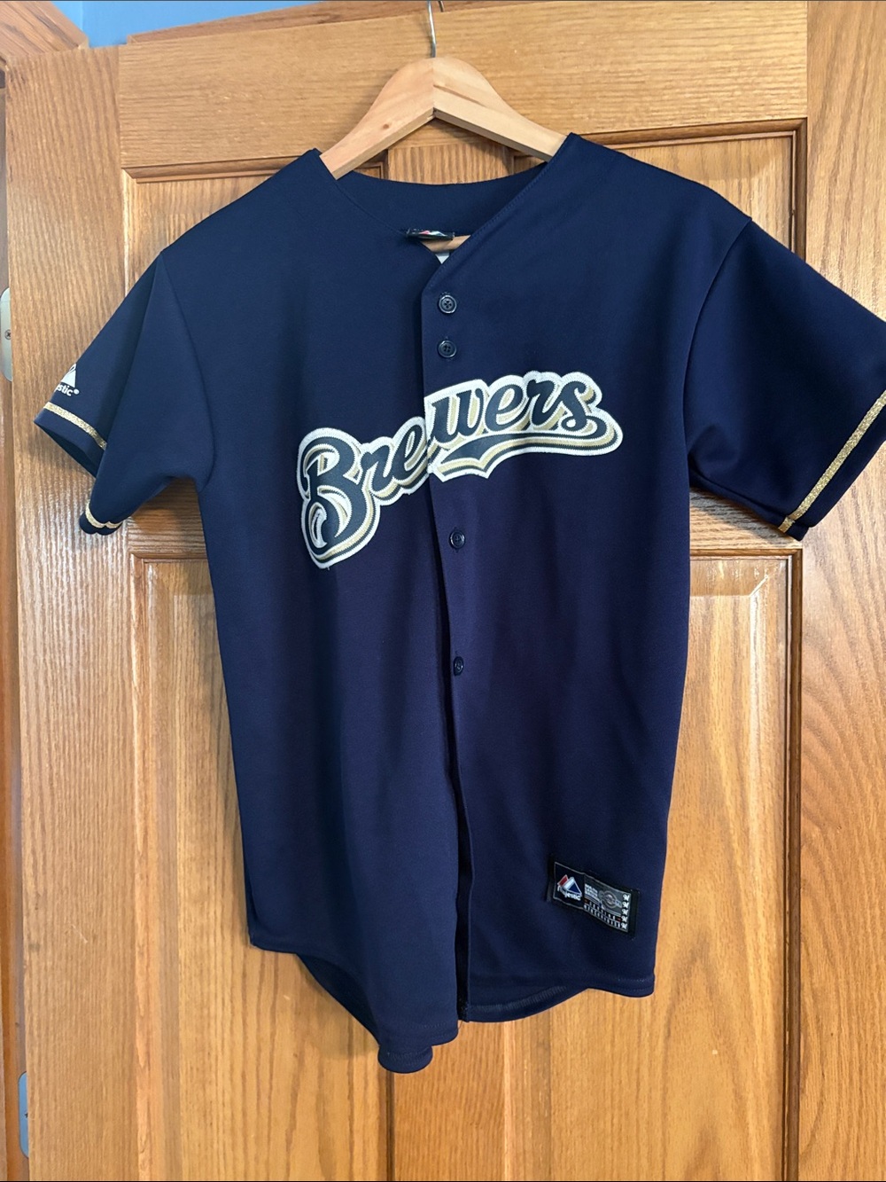 Majestic Navy Brewers Baseball Jersey with Cream Script